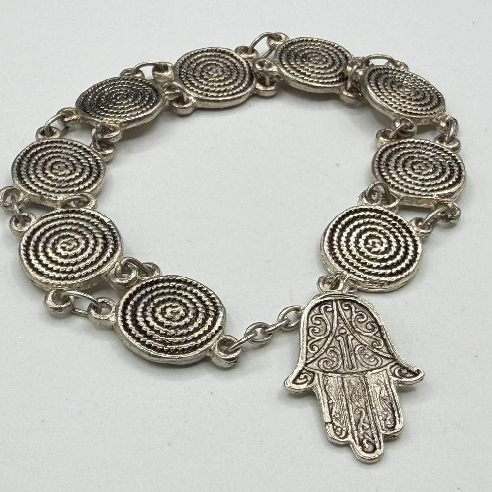 Silver Tone Hamsa Hand Charm Bracelet Spiral Medallion Boho Statement Jewelry